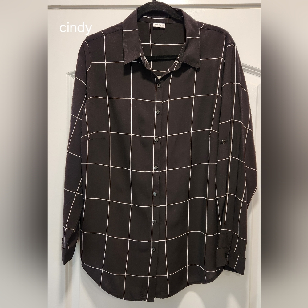 LASCANA BLACK WITH WHITE CHECKS VISCOSE BLOUSE TAB SLEEVES SIZE 12/14